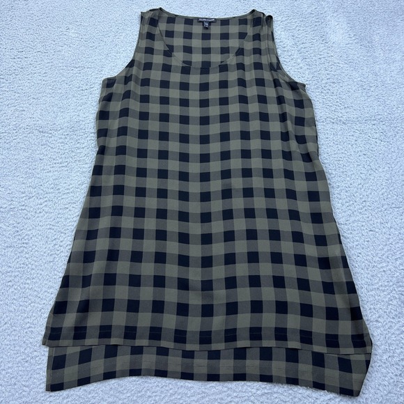 Eileen Fisher Dresses & Skirts - Eileen Fisher Dress 100% Silk Tunic Tank Buffalo Check Plaid Olive Black Large